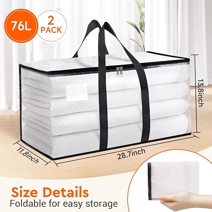 BlissTotes Clear Moving Bags Heavy Duty, 76L Extra Large Storage Bags with Zipper & Reinforced Handles, Waterproof PP Moving 