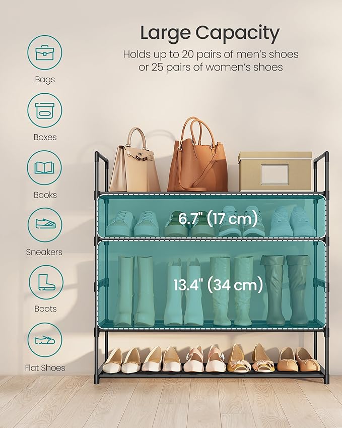 SONGMICS Shoe Rack, 5-Tier Shoe Organizer, Metal Storage Shelf, Upright or Upside Down, for 20-25 Pairs, Stackable, for Entry