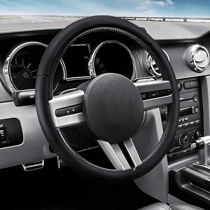 Leather Steering Wheel Cover for Ford Mustang 2005-2023, Anti-Slip and Breathable Segmented Design,Thin Car Interior Accessories,Car Steering Wheel Cover for Men Women(Black Hole)