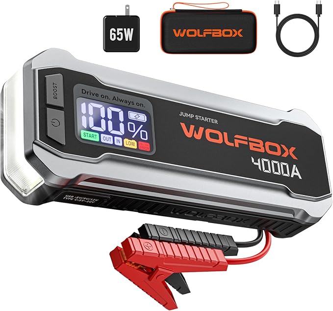 WOLFBOX 4000A Jump Starter,12V Car Battery Jumper Starter Portable with 65W Quick Charger,LED Display,88.8Wh Booster