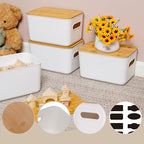 Citylife Storage Bins with Bamboo Lids 7QT Plastic Storage Containers Stackable Organizer Boxes with Handle for Desk Snacks, 