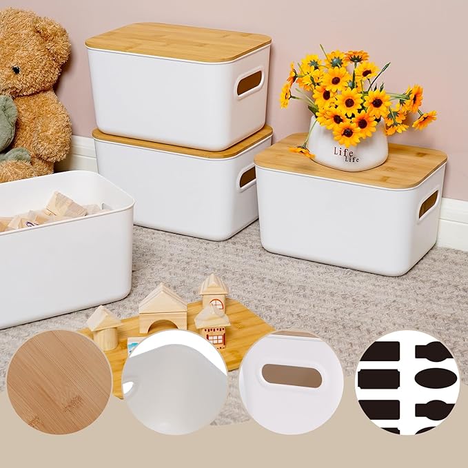 Citylife Storage Bins with Bamboo Lids 7QT Plastic Storage Containers Stackable Organizer Boxes with Handle for Desk Snacks, 