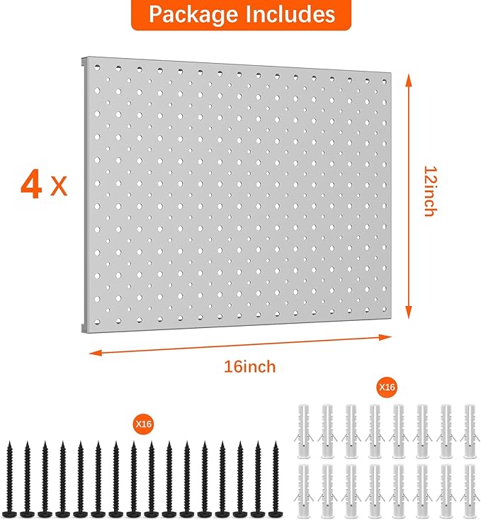TORACK 4 PCS 12"x16" Metal Pegboard Panels for Garage, Workbench, Shop, Tool Organizer Peg Board with 1/8" & 1/4" Holes, Modu