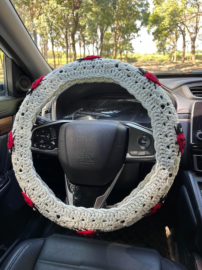 Crochet Ladybug Steering Wheel Cover Universal 14-15 inch (A,Steering Wheel Cover)
