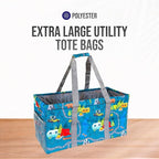Extra Large Utility Tote Bag - Oversized Collapsible Reusable Wire Frame Rectangular Canvas Basket With Two Exterior Pockets For Beach, Pool, Laundry, Car Trunk, Storage - Camping