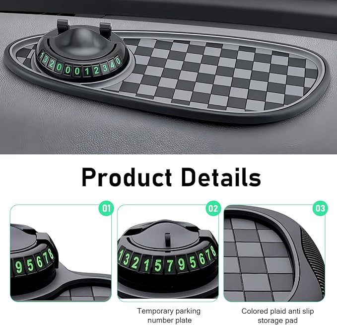 Multifunction Car Anti-Slip Mat, Storage Pad & Rotatable Phone Holder & Parking Number Plate, 9.2" x 7" Organizer Pad for Pho