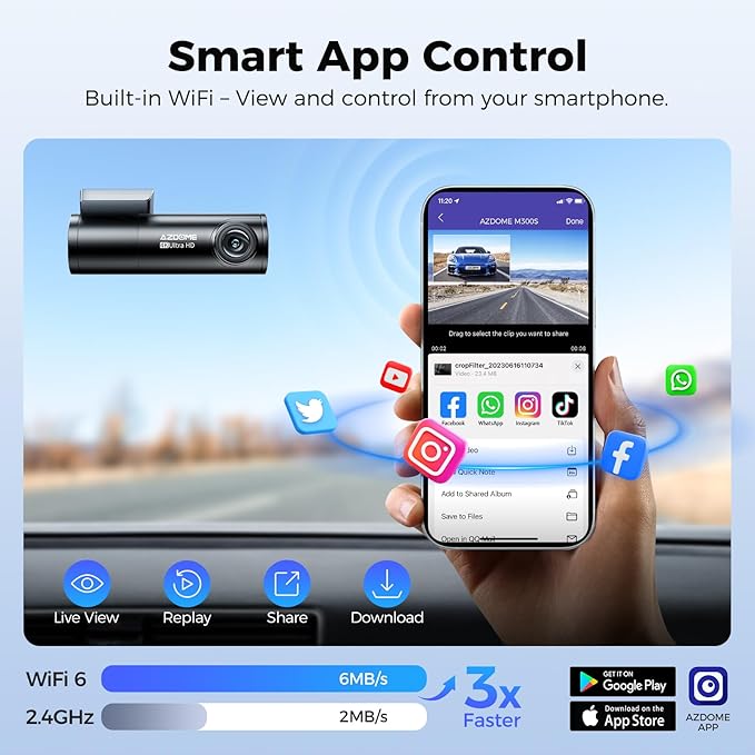 AZDOME M300S 4K Ultra HD Dual Dash Cam Front and Rear, Free 64GB Card, Built-in WiFi GPS Voice Control Car Camera, Night Visi