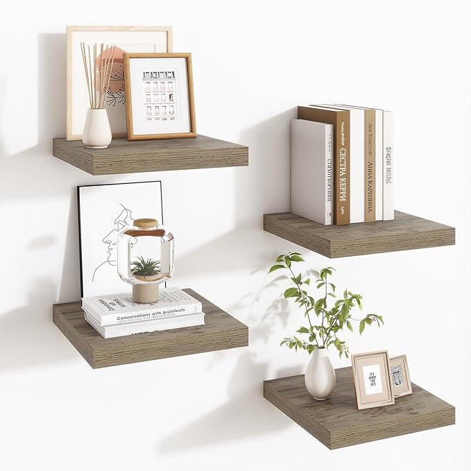 Fun Memories Square Floating Shelves for Wall - 9.3 Inch Deep Floating Shelves with Invisible Brackets, Grey Small Wall Shelf