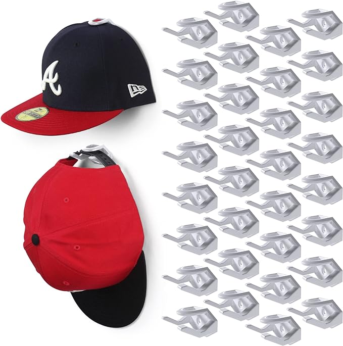 Modern JP Adhesive Hat Hooks for Wall (32-Pack) - Hat Rack for Baseball Caps, Minimalist Hat Display, Strong Hold Hat Hangers
