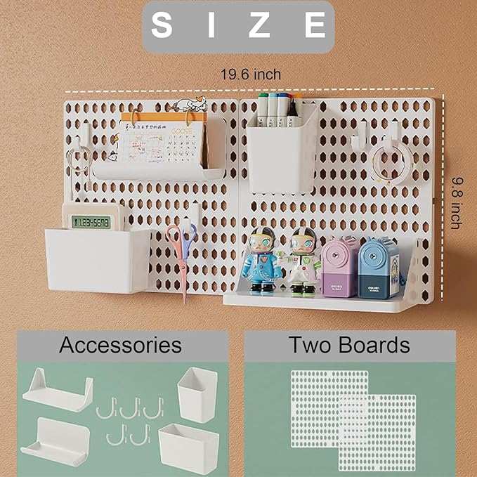 PegBoard Wall Organizer, Plastic Wall Pegboard Kit, 2 White Pegboard and 10 Pegboard Accessories, Wall Mount Pegboard with Ho