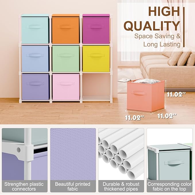 9 Cube Storage Organizer with Shelf Back to School Boxes 11 Inch Toy Storage Bins Closet Organizers Drawers Fabric Dresser fo