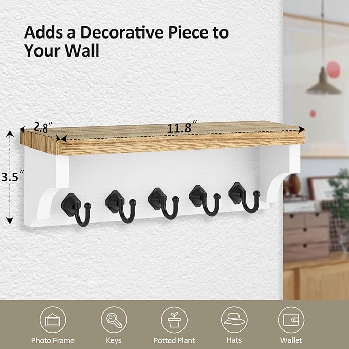 Nekon Key Holder for Wall, 11.8" W x 3.5" H x 2.8" D Decorative Key Organizer with Floating Shelf, Wall Mount Key Rack with 5