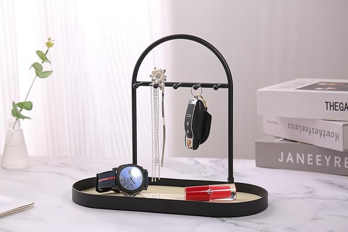 Shinpuru Metal Jewelry Organizer Stand & Key Holder Tray with Acrylic Base, Key Stand and Jewelry Tray with 5 Hooks, Perfect 