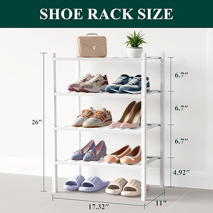 Smiry Bamboo Shoe Rack for Closet, 4 Tier Small Wooden Stackable Shoe Organizer, Free Standing Shoes Storage Shelf for Entryw