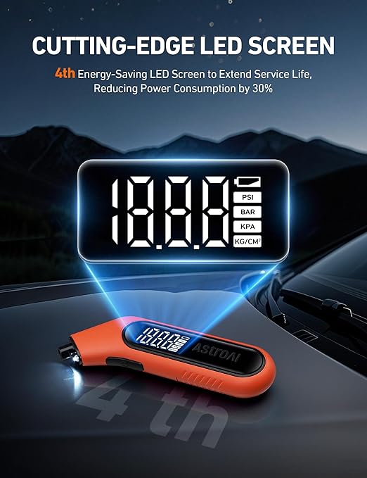 AstroAI Digital Tire Pressure Gauge 3-300PSI Calibrated to ANSI B40.7 Grade 2A (0.5%), Backlight and Flashlight, Presta Valve Adaptor Included, 4 Units, AAA Batteries, Orange
