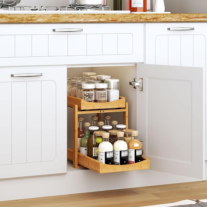 Bamboo Under Sink Organizer and Storage, 1 Pack Pull Out Cabinet Organization, 2 Tier Vertical Slide Out Undersink Storage Sh
