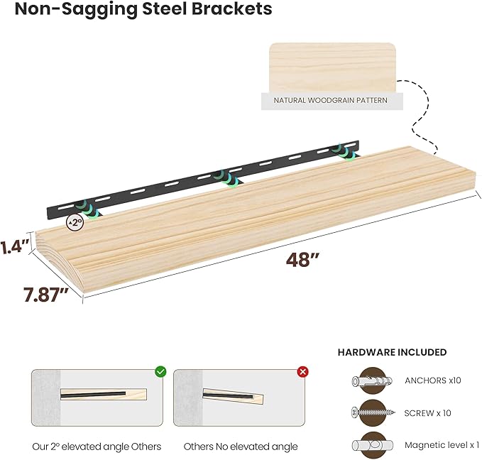 Vivelove Natural Wood Floating Shelves 48”，8 inch Deep Floating Shelf with Invisible Brackets, Unfinished Wall Shelves for Li