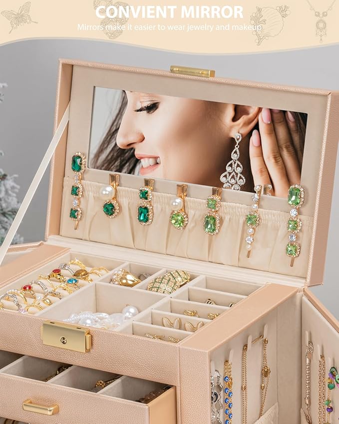 AKOZLIN Large 4-Tier Jewelry Box Leather Jewelry Storage Organizer with 3 Drawers Lockable for Women Girls Ring Necklace Earr