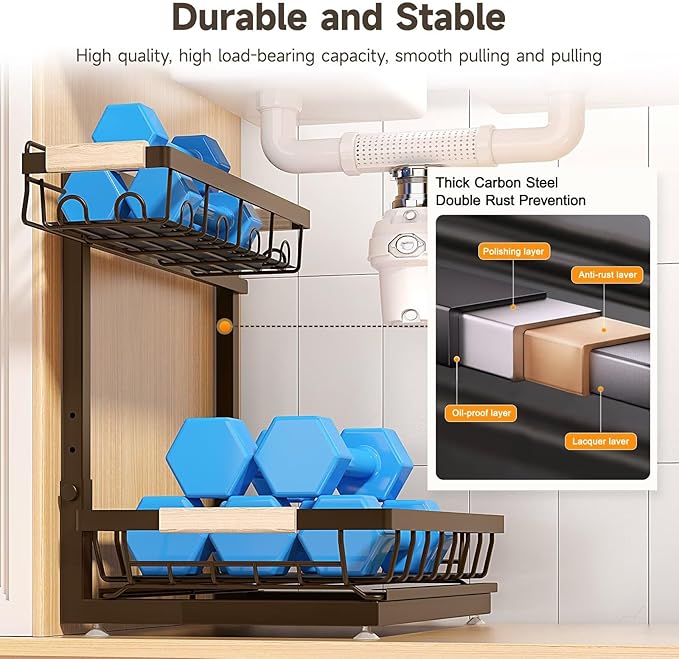 Sevenblue 2 Packs Under Sink Organizer, Height Adjustable 2 Tier Under Kitchen Sink Organizer, Multi-Purpose Storage Shelf fo