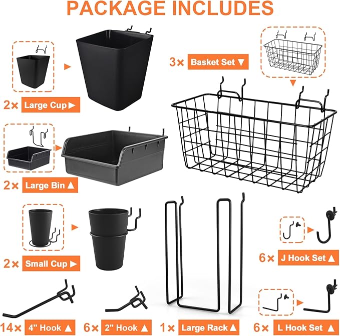 Pegboard Basket Organizers, Peg Board Large Baskets Hooks Bins Cups Tool Organizer 42 Pack Set, Wall Storage Display Hanging 