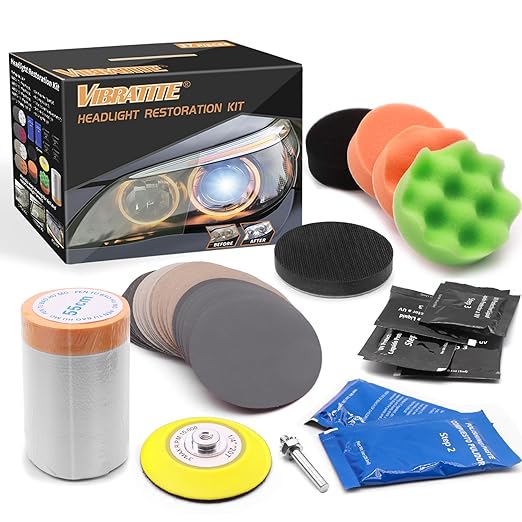 VIBRATITE Car Headlight Restoration Kit, 3 Inch Car Polishing Sanding Kit with 1/4 Inch Shank Backing Pad, Drill Buffing Sponge Pads, Soft Interface Pad, Headlight Lens Cleaner and Restorer, 37PCS