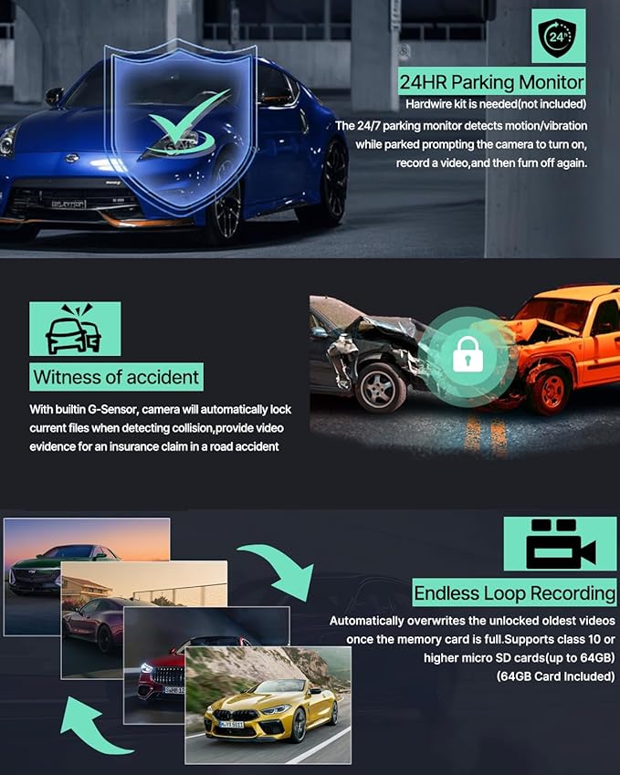 Dash Cam Front Rear and Inside, 3 Channel Dual Dash Camera for Cars W/ 64GB Card,1080P Dashcam Front with Night Vision,Loop R