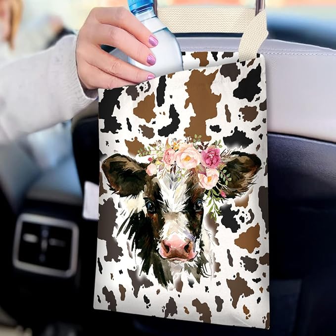 IRADA Car Trash Bag Hanging No Snap Small Garbage Bag for Car Back Seat Cute Printed One-Handed Strap Trash Bags Car Accessories-Cow Car Trash Bags