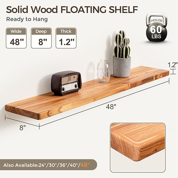 Fun Memories 48 Inch Floating Shelves, Rustic Solid Wood Wall Shelves Set of 1, 8 Inch Deep Floating Shelf for Bathroom, Bedr