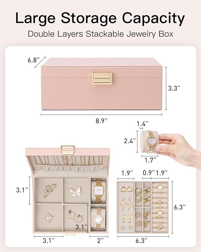 VLANDO 2 Layer Jewelry Box Large Jewelry Organizer for Mothers Day Mom Gifts Jewelery Tray with Watch Pillow for Necklace Ear