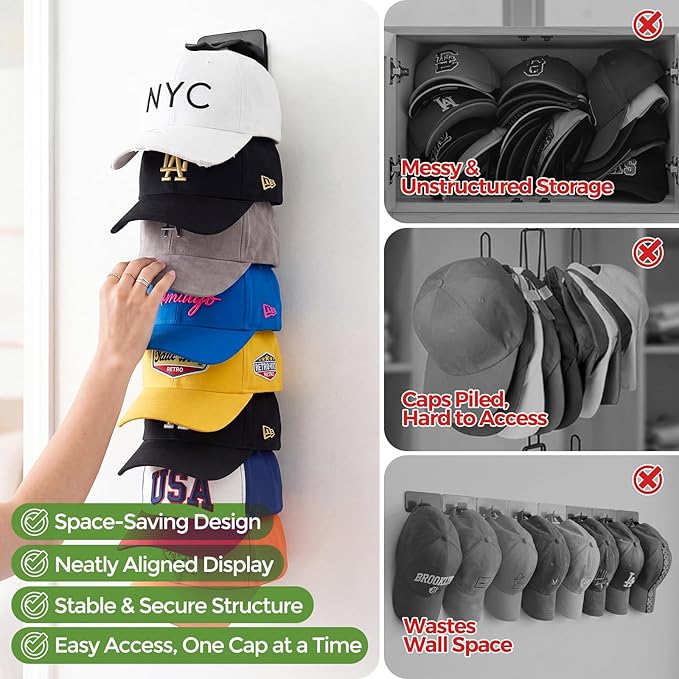 2 Pack Hat Organizer for Baseball Caps, Each Holds 18 Hats (36 Total), Customizable Wall Hat Rack, Adhesive or Screw-in Insta