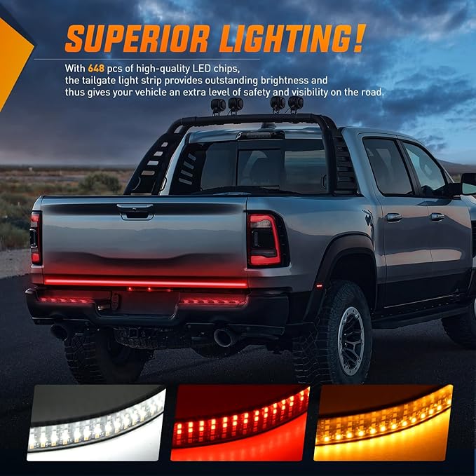 Nilight Truck Tailgate Light Strip 60" Quad Row 648 LED Strip with Red Running Brake Lights White Reverse Lamp Amber Turn Signals