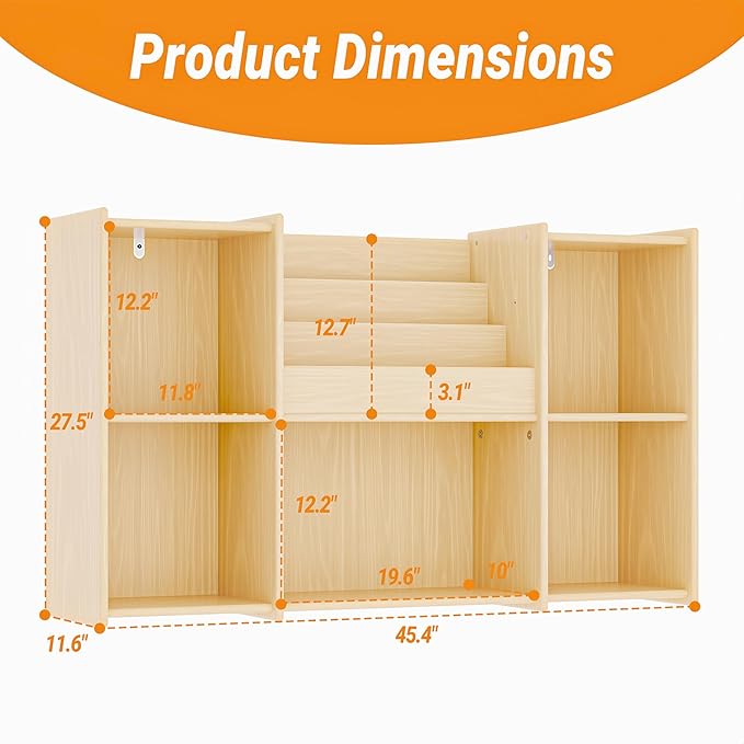 Kids Bookshelf & Toy Storage Organizer, 2-Tier Horizontal Wooden Shelf with 5 Open Compartments and Front Book Display, Low H