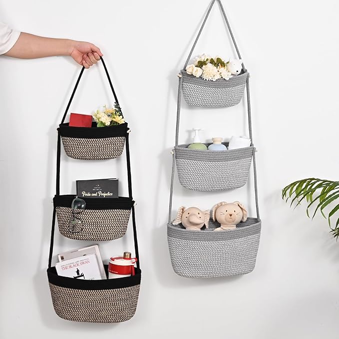 Hanging Storage Baskets, Over the Door Basket, Cotton Wall Baskets Storage, Hanging Door Basket with 4 Hooks