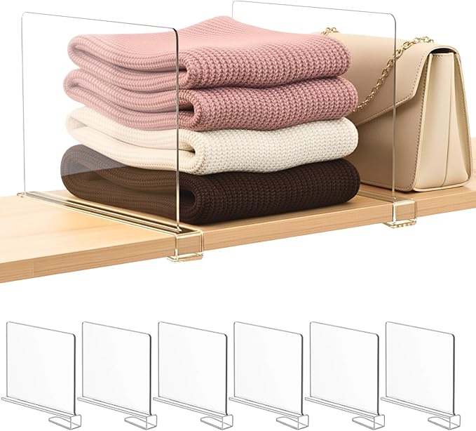 SortNStore Shelf Dividers Purse Organizer for Closet: 6-pack Acrylic Bag Storage Organizer for Handbags, Clutches, Clothes, S