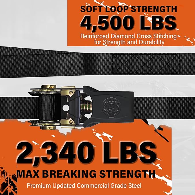 Ratchet Tie Down Straps, 2340lb Break Strength, 4pc 1inch x 16FT Tie Down Strap Set with Padded Handles & Coated S Hook W/Safety Clip, Cargo Strap Tie Down for Motorcycle, Truck (Black)