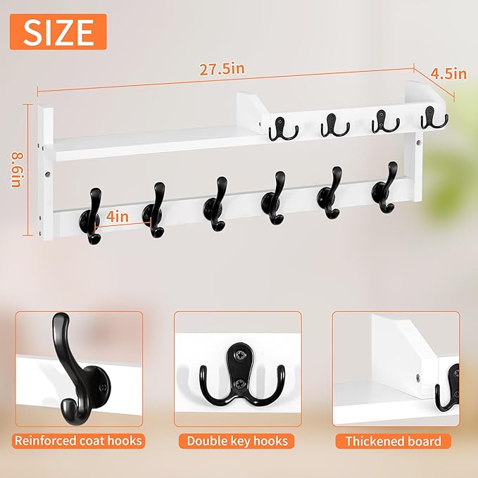 Coat Rack Wall Mount with Shelf, 27.5" Entryway Wall Hanging Shelf, Coat and Key Hanger with 10 Dual Hooks, Mail Organizer an