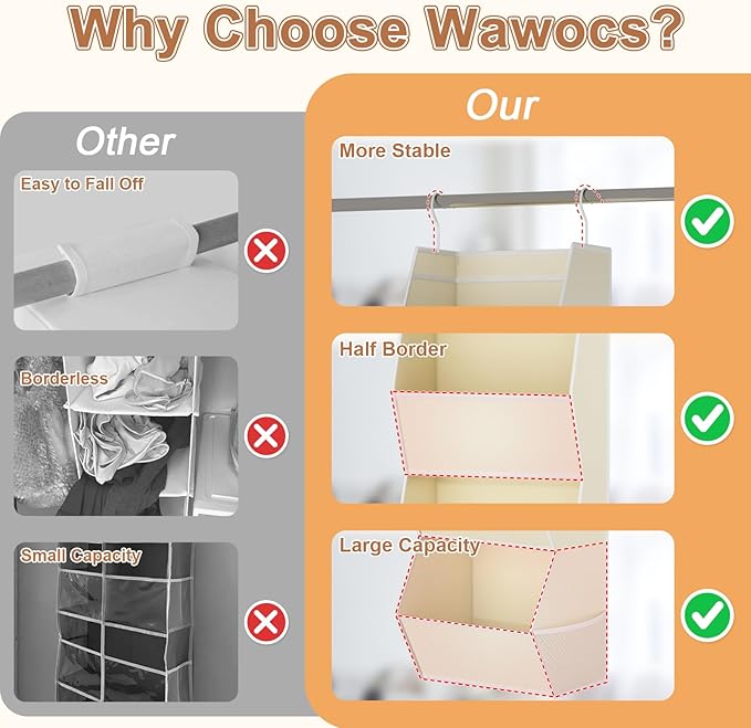 Hanging Closet Organizer 3 Shelf Collapsible Fabric Closet Organizers and Storage Hanging with Mesh Pocket for Clothes, Hangi