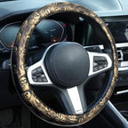 Embossed Skull Steering Wheel Cover, Skull Car Accessory, Microfiber Leather with Anti-Slip Lining, Fits 14.5"-15" Steering Wheels (Black Gold)