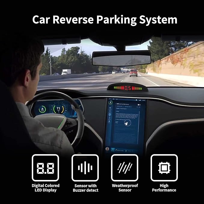 EKYLIN Wireless Car Parking Sensor, Reverse Radar System with 4 Parking Sensors, Wireless LED Distance Display with Sound Warning + 4 Gray Color Car Reverse Parking Sensors for Cars Vans RV Trailer