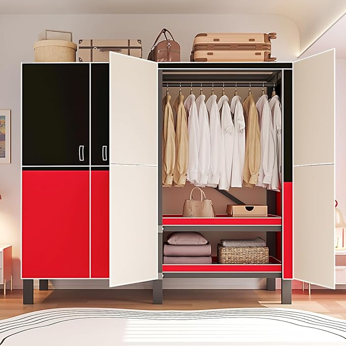 Heavy Duty Clothes Rack with Cover, Portable Wardrobe Closet with Magnetic Door & Black Steel Frame, Foldable Freestanding Ga