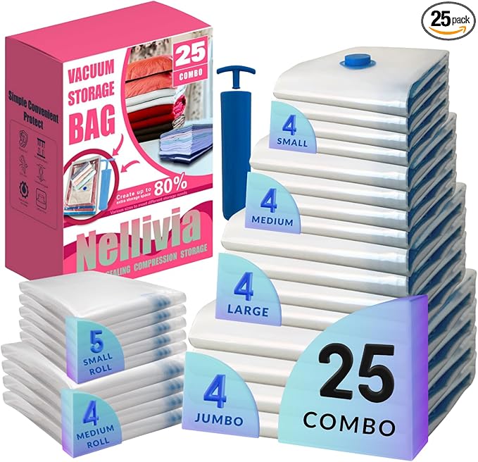 25 Pack Vacuum Storage Bags with Pump, Compression Space Saver for Comforter, Bedding, Blanket Storage, Vacuum Seal Bags for 