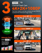 IIWEY 4K Dash Cam 3 Channel, Triple STARVIS 2 Sensors (IMX678 Front, IMX675 Cabin & Rear), 4K+2K+1080P HDR, Night Vision 3.0,