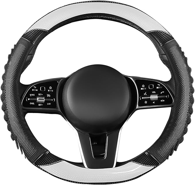 5D Honeycomb Knight White Car Steering Wheel Cover,14.5-15 Inch Universal Carbon Fibre Leather Covers Breathable Anti-Slip Od