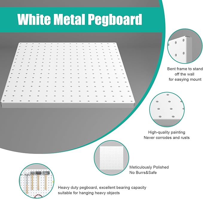 Peg Board, 16”×16”Large Heavy Duty Metal Pegboard Panels with Frame White PegBoard Display 4 Packs Peg Boards for Walls, Disp