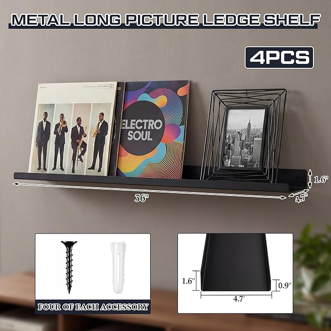 Pinkunn 4 Pack 36 Inch Metal Floating Picture Ledge Shelves, Wall Mounted Picture Shelf with Lip Heavy Duty Industrial Iron D