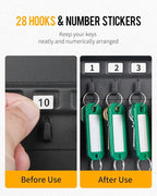 Uniclife Steel Key Cabinet Wall Mounted Organizer - 28 Keys, 2 Unlocking Keys - Black Frosted Security Box with Hooks and Col