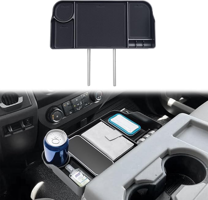 JDMCAR Upgrade Front Center Seat Headrest Organizer Compatible with 2011-2025 2026 Ford F150 F250 F350 F450 F550 F650 Accessories, Coin Container Storage Box with Non-Slip Silicone Mat(Jump Seat Only)