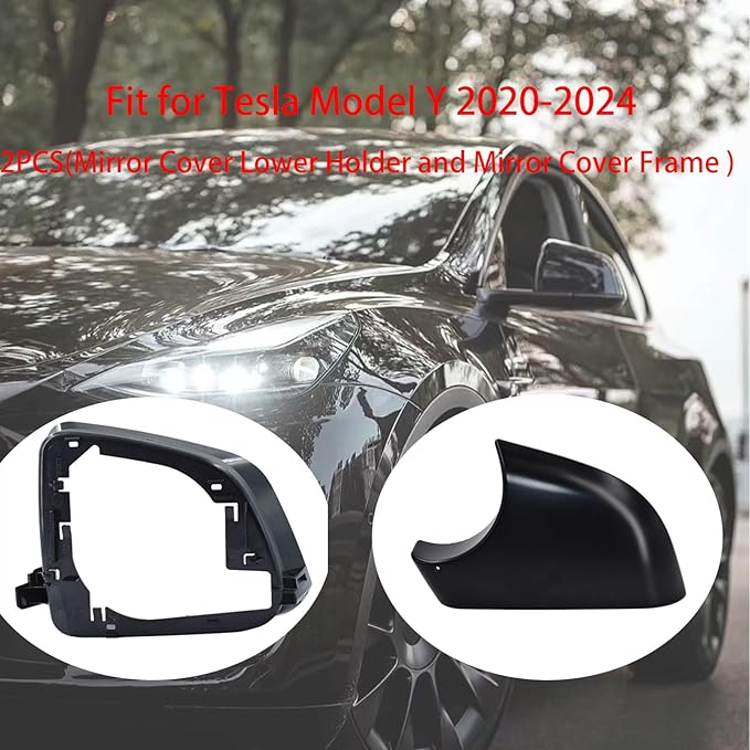 Fits For Tesla Model Y Left driver Side Wing Mirror Cover and Mirror Frame Set Rearview Lower Holder Tray Cap Housing 2021-2024(left side black)