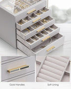 Vlando 5 Layer Jewelry Box for Women, Glass Lid Jewelry Organizer with 5 Drawers for Necklaces Rings Earrings Bracelets - Gre