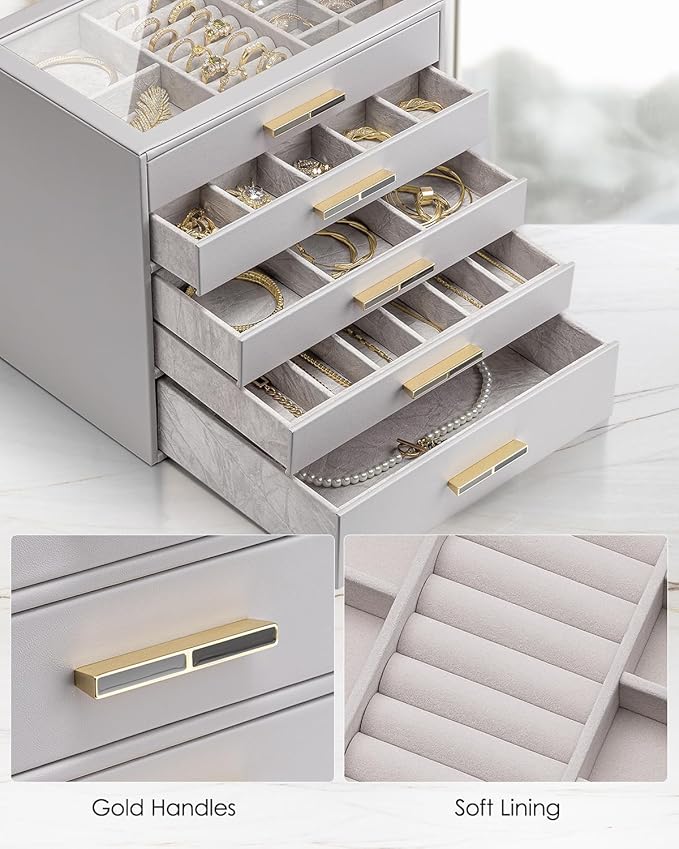 Vlando 5 Layer Jewelry Box for Women, Glass Lid Jewelry Organizer with 5 Drawers for Necklaces Rings Earrings Bracelets - Gre